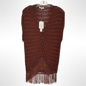 Carducci Brown Open‎ Knit Fringe Vest Turquoise Beaded Boho Western Womens Small